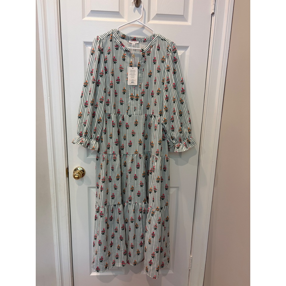 Mary Square Eden Dress XL Floral Stripe Tiered Maxi CottageCore Botanical‎ NWT